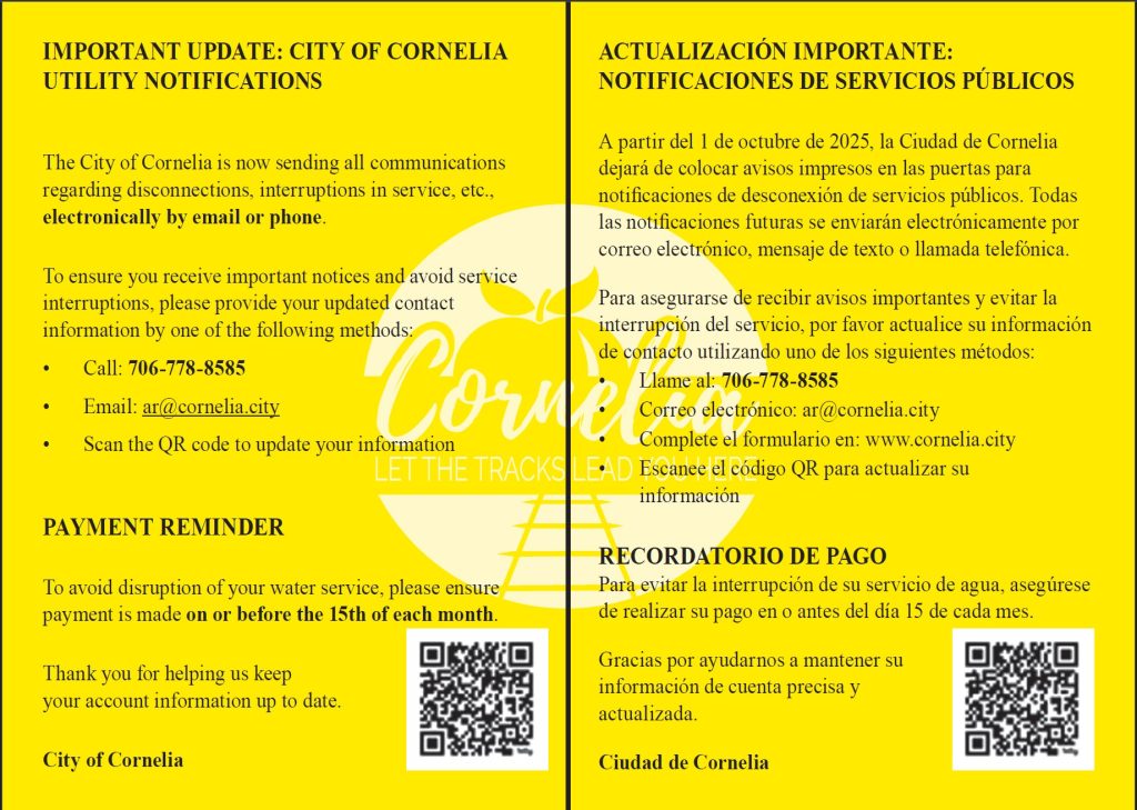 Important Update – City of Cornelia Utility Notifications